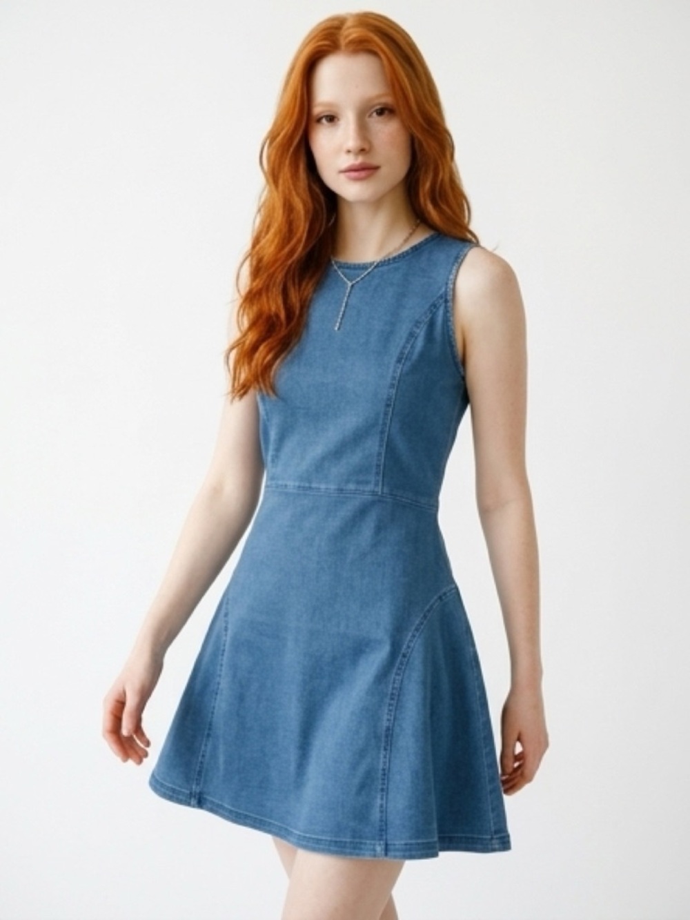 7 for all Making, Sleeveless Blue Denim A-Line Dress